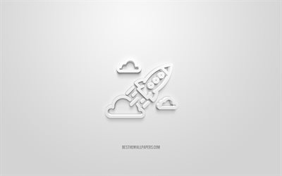 StartUp 3d icon, white background, 3d symbols, Start Up, creative 3d art, Rocket 3d icon, 3d icons, Start Up sign, Business 3d icons