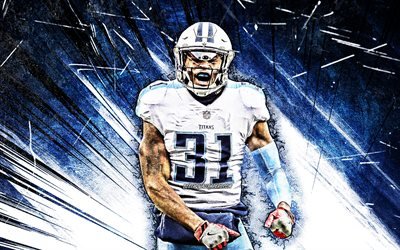 4k, Kevin Byard, grunge art, Tennessee Titans, american football, guard, NFL, Kevin Leon Byard Jr, National Football League, blue abstract rays, Kevin Byard Tennessee Titans, Kevin Byard 4K