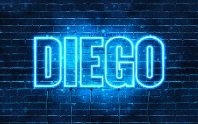 Diego, 4k, wallpapers with names, Diego name, blue neon lights, Happy Birthday Diego, popular italian male names, picture with Diego name