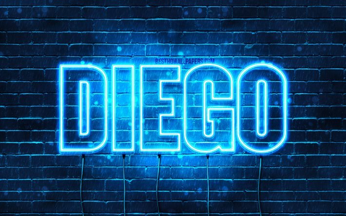 Diego, 4k, fonds d’&#233;cran avec des noms, nom de Diego, n&#233;ons bleus, Joyeux anniversaire Diego, noms masculins italiens populaires, image avec le nom de Diego