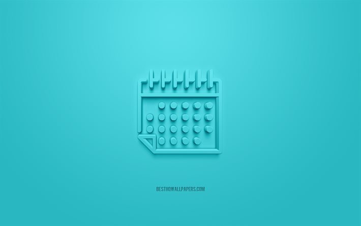 Calendario 3d icono, fondo azul, s&#237;mbolos 3d, calendario, arte 3d creativo, iconos 3d, signo de calendario, iconos de negocios 3d