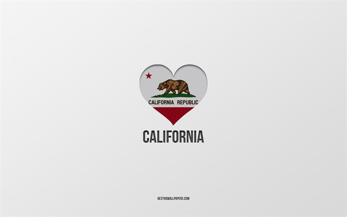 I Love California, &#201;tats am&#233;ricains, fond gris, &#201;tat de Californie, Etats-Unis, Coeur de drapeau de la Californie, villes pr&#233;f&#233;r&#233;es, Love California