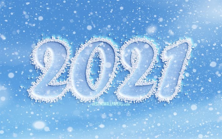 Happy New Year 2021, 4k, snowfall background, 2021 snow digits, 2021 concepts, 2021 on blue background, 2021 year digits, 2021 blue digits