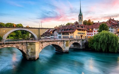 Nydeggbrucke, Bern, evening, sunset, Bern cityscape, stone bridge, Switzerland