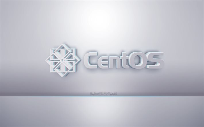 CentOS 3d logo blanco, fondo gris, logo CentOS, arte creativo 3d, CentOS, emblema 3d