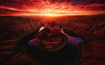 Horseshoe Bend, USA, tramonto, fiume Colorado, canyon, HDR, paesaggio montano, Arizona, rocce, bellissima natura