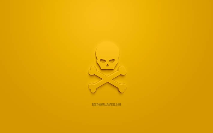 gift 3d-symbol, gelber hintergrund, 3d-symbole, der totenkopf, kreative 3d-kunst, warnschild, vorsicht 3d-symbole, totenkopf-symbol