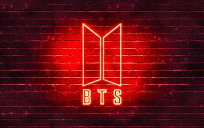 BTS red logo, 4k, Bangtan Boys, red brickwall, BTS logo, korean band, BTS neon logo, BTS