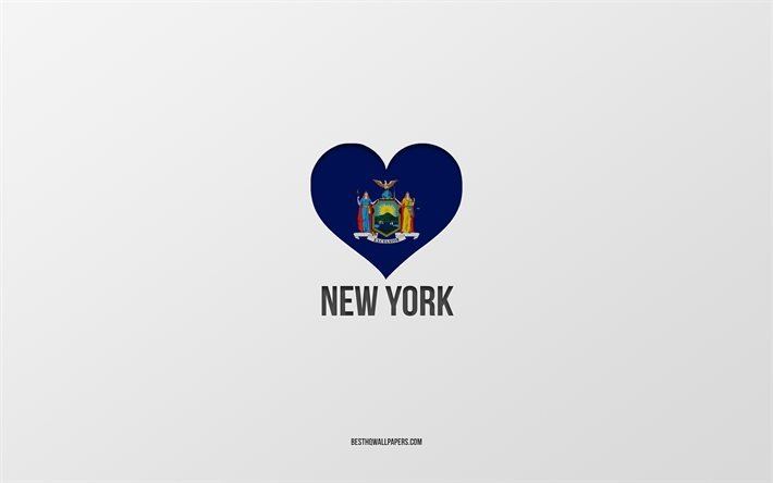 J&#39;aime New York, &#201;tats am&#233;ricains, fond gris, &#201;tat de New York, USA, coeur de drapeau de New York, villes pr&#233;f&#233;r&#233;es, Love New York