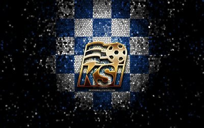 Icelandic football team, glitter logo, UEFA, Europe, blue white checkered background, mosaic art, soccer, Iceland National Football Team, KSI logo, football, Iceland
