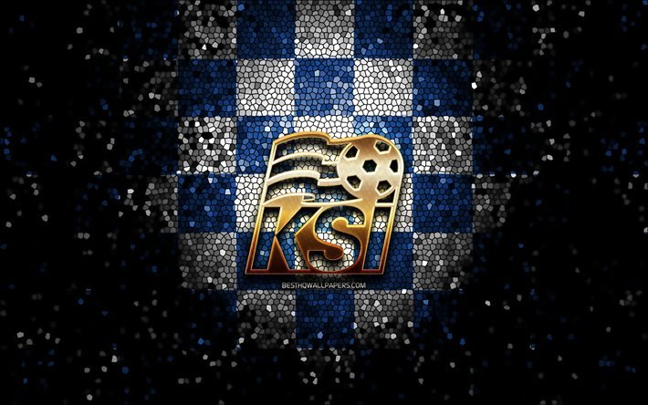 Sele&#231;&#227;o islandesa de futebol, logotipo brilhante, UEFA, Europa, fundo xadrez branco azul, arte em mosaico, futebol, Sele&#231;&#227;o nacional de futebol da Isl&#226;ndia, logotipo KSI, Isl&#226;ndia