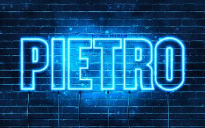 ペトロス, 4k, 名前の壁紙, ピエトロ名, 青いネオン, お誕生日おめでとうピエトロ, イタリアの人気男性名, ピエトロの名前の画像