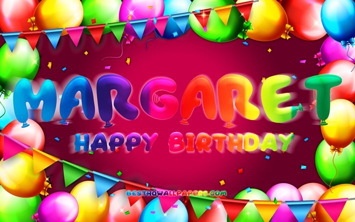 Joyeux anniversaire Margaret, 4k, cadre ballon color&#233;, nom de Margaret, fond violet, Margaret joyeux anniversaire, anniversaire de Margaret, noms f&#233;minins am&#233;ricains populaires, concept d&#39;anniversaire, Margaret