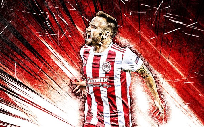 4k, Mathieu Valbuena, grunge art, Olympiacos FC, french footballers, Olympiacos Piraeus, red abstract rays, soccer, football, Mathieu Valbuena 4K