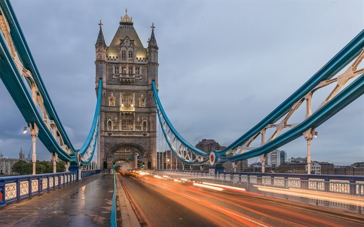 Tower Bridge, estrada, noite, Inglaterra, Londres