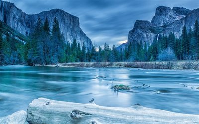 O Parque Nacional De Yosemite, Am&#233;rica, inverno, rio, montanhas, Serra Nevada, EUA
