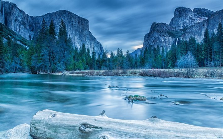 Yosemite Ulusal Parkı, Amerika, kış, nehir, dağlar, Sierra Nevada, ABD