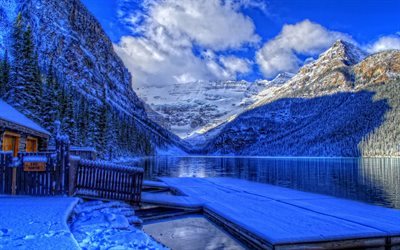 O parque nacional de Banff, HDR, pier, montanhas, lago, Alberta, Canad&#225;