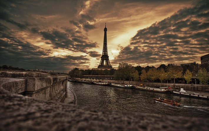 Paris, kv&#228;ll, Eiffeltornet, Frankrike, bro, river Sitt