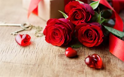 red roses, bouquet of flowers, red hearts, Valentine&#39;s Day, romance, February 14