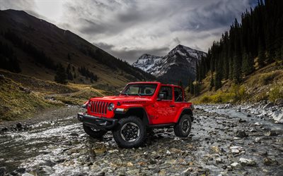 Jeep Wrangler Rubicon, 2018, red SUV, new cars, mountain river, off-road, USA, mountains, Jeep