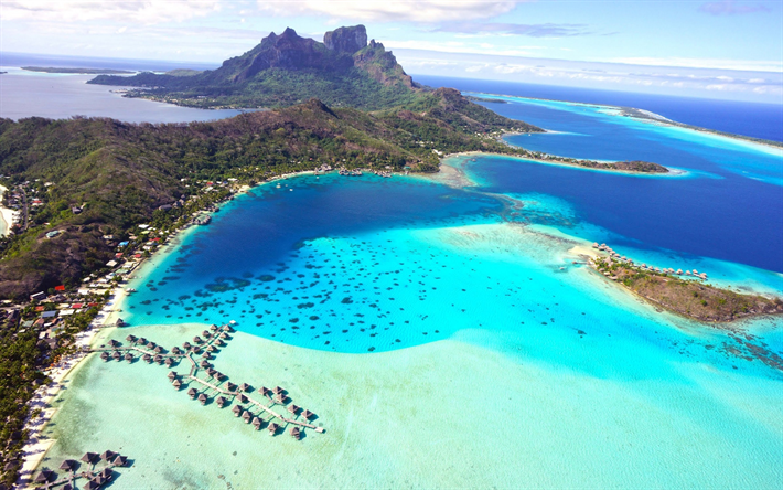 Bora Bora, trooppisia saaria, rannat, ocean, rannikolla, bungalows, hotellit