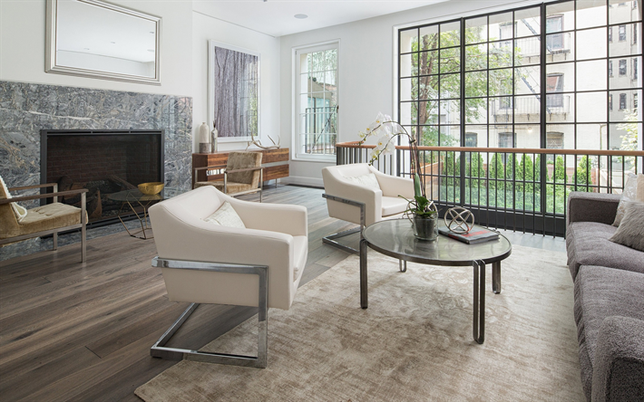 living room, stylish interior design, fireplace, white walls, modern interior