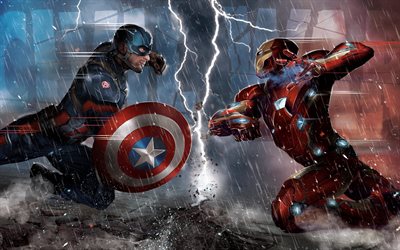 Iron Man vs Captain America, 4k, la bataille, les super-h&#233;ros, Iron Man, aptain Am&#233;rique