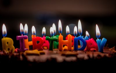 Happy Birthday, burning candles, birthday cake, evening, chocolate cake
