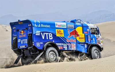 Kamaz 515, rally truck, desert, dunes, sand, RedBull, Dakar Rally 2018, Russia