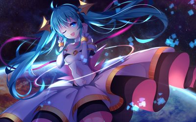 Hatsune Miku, galaxy, 4k, manga, art, Vocaloid