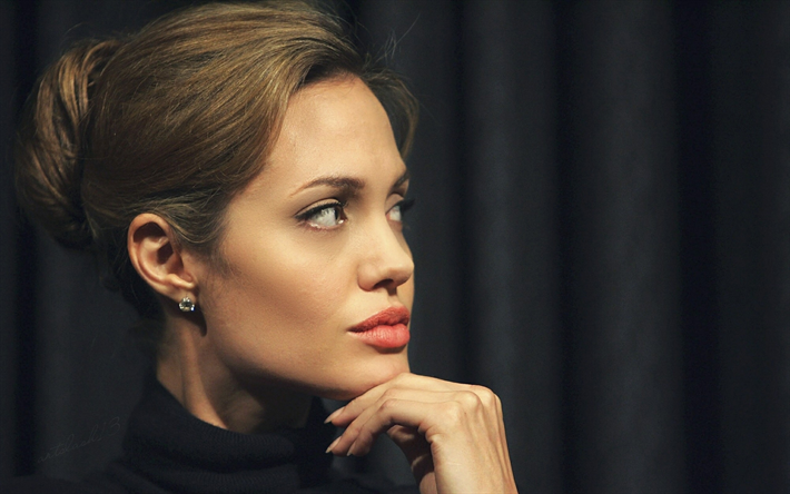 Angelina Jolie, retrato, perfil, actriz, estrella de hollywood, mujer bella, negro vestido