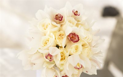 bouquet von orchideen und rosen, weiße orchideen, weiße rosen, hochzeit, strauß, schöne blumen