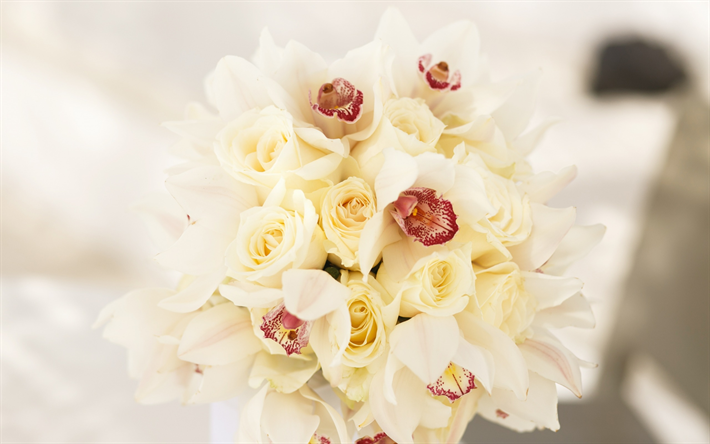 ramo de orqu&#237;deas y rosas, orqu&#237;deas blancas, rosas blancas, ramo de novia, las flores hermosas