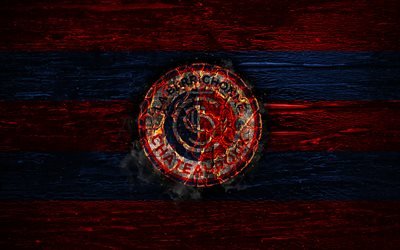 Berrichonne Chateauroux FC, fire logo, Ligue 2, red and blue lines, french football club, grunge, football, soccer, La Berrichonne de Chateauroux, wooden texture, Berrichonne Chateauroux logo, France
