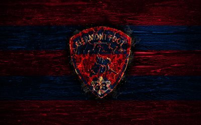 Clermont Foot FC, fire logo, Ligue 2, red and blue lines, french football club, grunge, football, soccer, Clermont Foot 63, wooden texture, Clermont Foot logo, France