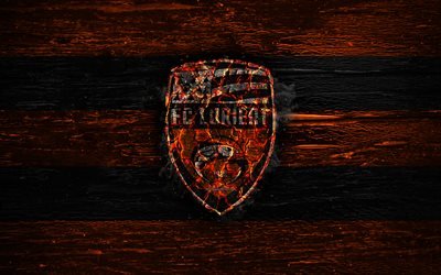 Lorient FC, fire logo, Ligue 2, orange and black lines, french football club, grunge, football, soccer, wooden texture, Lorient logo, France