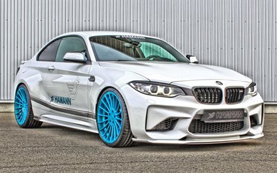 BMW M2 Hamann, 2018, white sports coupe, tuning M2, blue wheels, front view, exterior, white M2, German sports cars, BMW