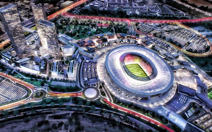 Stadio della Roma, night, aerial view, soccer, AS Roma stadium, football stadium, Rome, Italy, AS Roma, italian stadiums