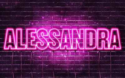 Alessandra, 4k, wallpapers with names, female names, Alessandra name, purple neon lights, horizontal text, picture with Alessandra name