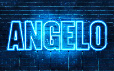 Angelo, 4k, fondos de pantalla con los nombres, el texto horizontal, Angelo nombre, luces azules de ne&#243;n, de la imagen con el nombre Angelo
