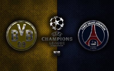 Borussia Dortmund vs PSG, UEFA Europa League, loghi 3D, materiali promozionali, giallo-blu di sfondo, Europa League, partita di calcio, Borussia Dortmund, PSG, il Paris Saint-Germain