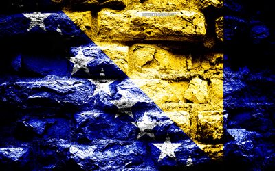 Bosnia and Herzegovina flag, grunge brick texture, Flag of Bosnia and Herzegovina, flag on brick wall, Bosnia and Herzegovina, Europe, flags of european countries