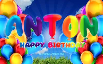 アントン-お誕生日おめで, 4k, 曇天の背景, ドイツの人気女性の名前, 誕生パーティー, カラフルなballons, アントン名, お誕生日おめでAnton, 誕生日プ, アントンの誕生日, アントン