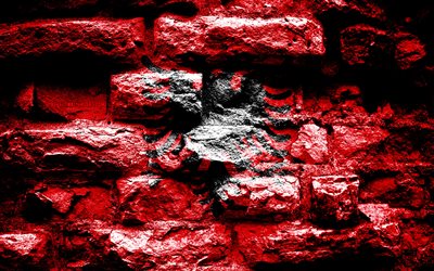 Albania flag, grunge brick texture, Flag of Albania, flag on brick wall, Albania, Europe, flags of european countries