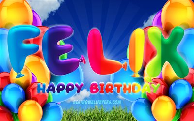 フェリックスお誕生日おめで, 4k, 曇天の背景, ドイツの人気女性の名前, 誕生パーティー, カラフルなballons, フェリックス名, お誕生日おめでフェリックス, 誕生日プ, フェリックス誕生日, フェリックス