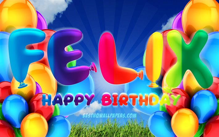 Felix Happy Birthday, 4k, cloudy sky background, popular german female names, Birthday Party, colorful ballons, Felix name, Happy Birthday Felix, Birthday concept, Felix Birthday, Felix