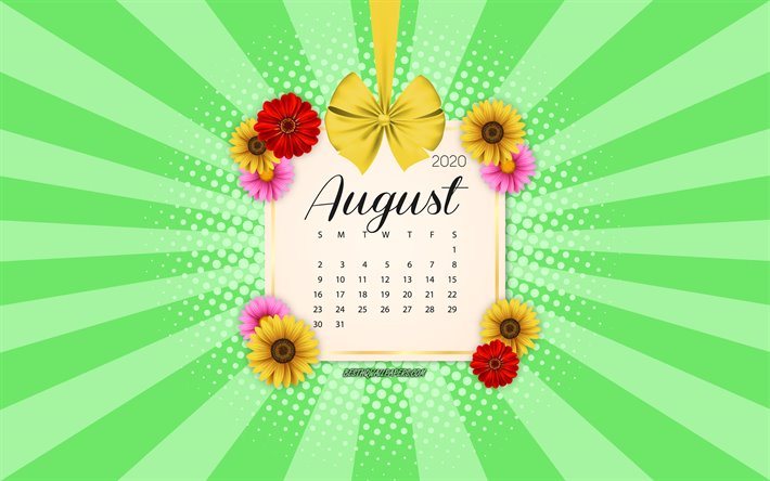 2020 August Calendar, green background, summer 2020 calendars, August, 2020 calendars, summer flowers, retro style, August 2020 Calendar, calendar with flowers