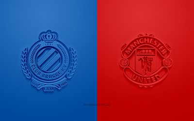 Brugge vs Manchester United FC en la UEFA Europa League, logos en 3D, materiales promocionales, rojo sobre un fondo azul, Europa League, partido de f&#250;tbol, el Manchester United FC, Club Brugge