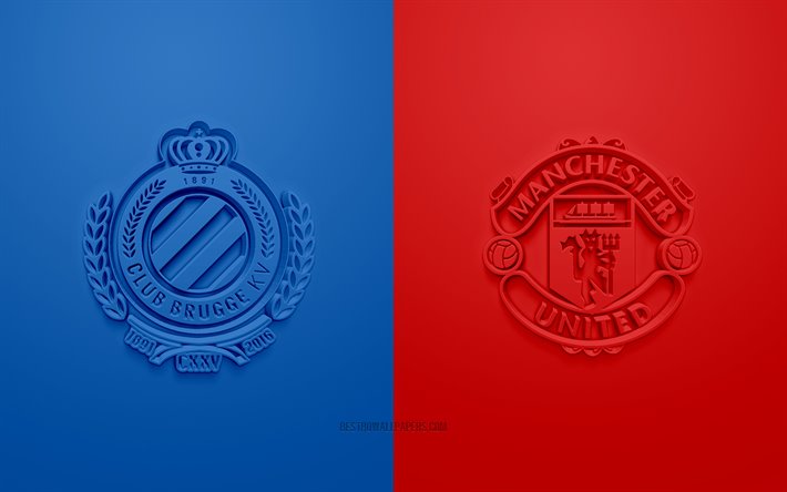 Brugge vs Manchester United FC, de l&#39;UEFA Europa League, logos 3D, du mat&#233;riel promotionnel, rouge sur fond bleu, Europa League, match de football, Manchester United FC, le Club de Bruges